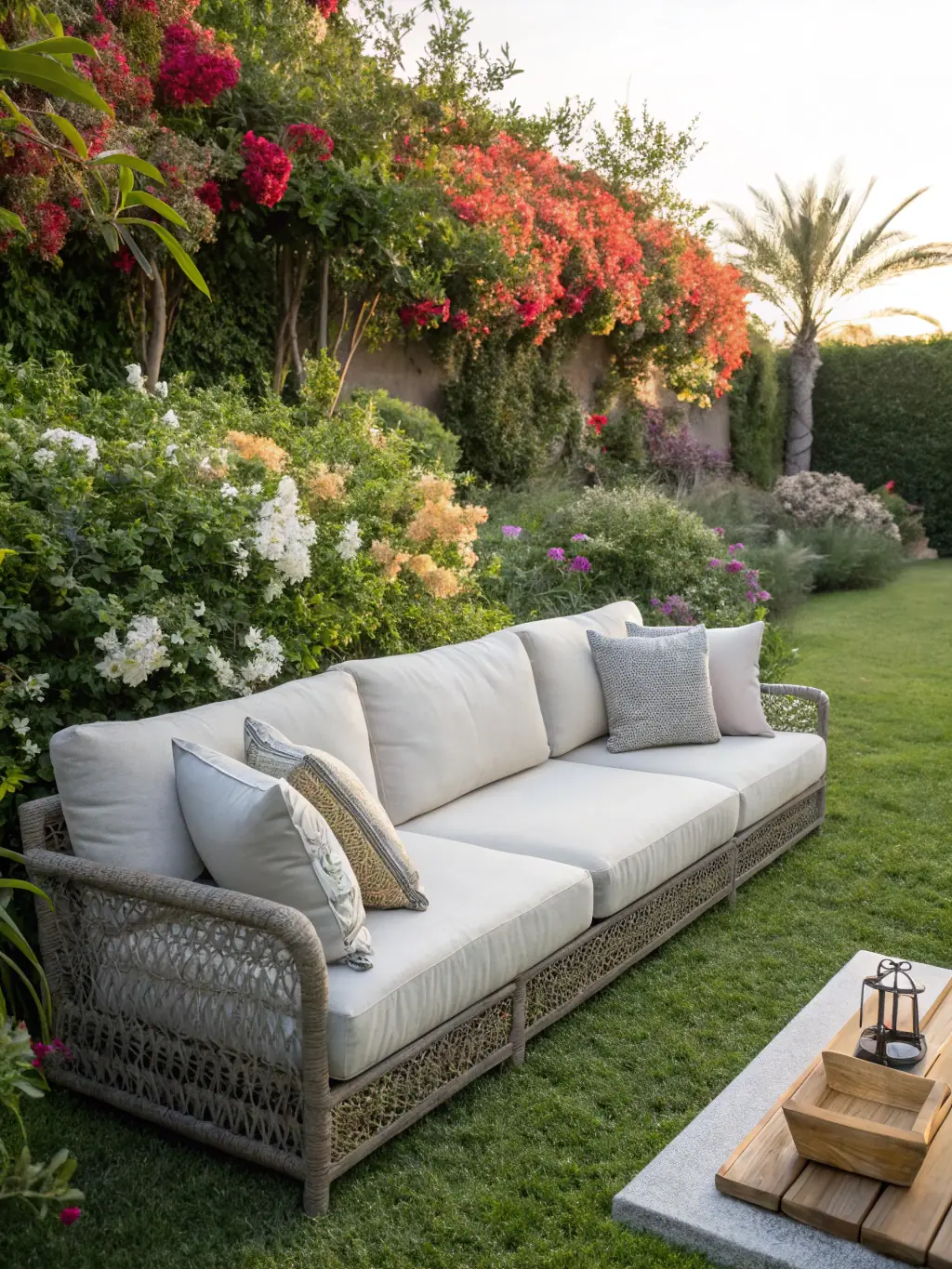 A coordinated event furniture set featuring matching taupe sofas, accent chairs, and a glass-top table, arranged in an open-air marquee with lush greenery in the background.