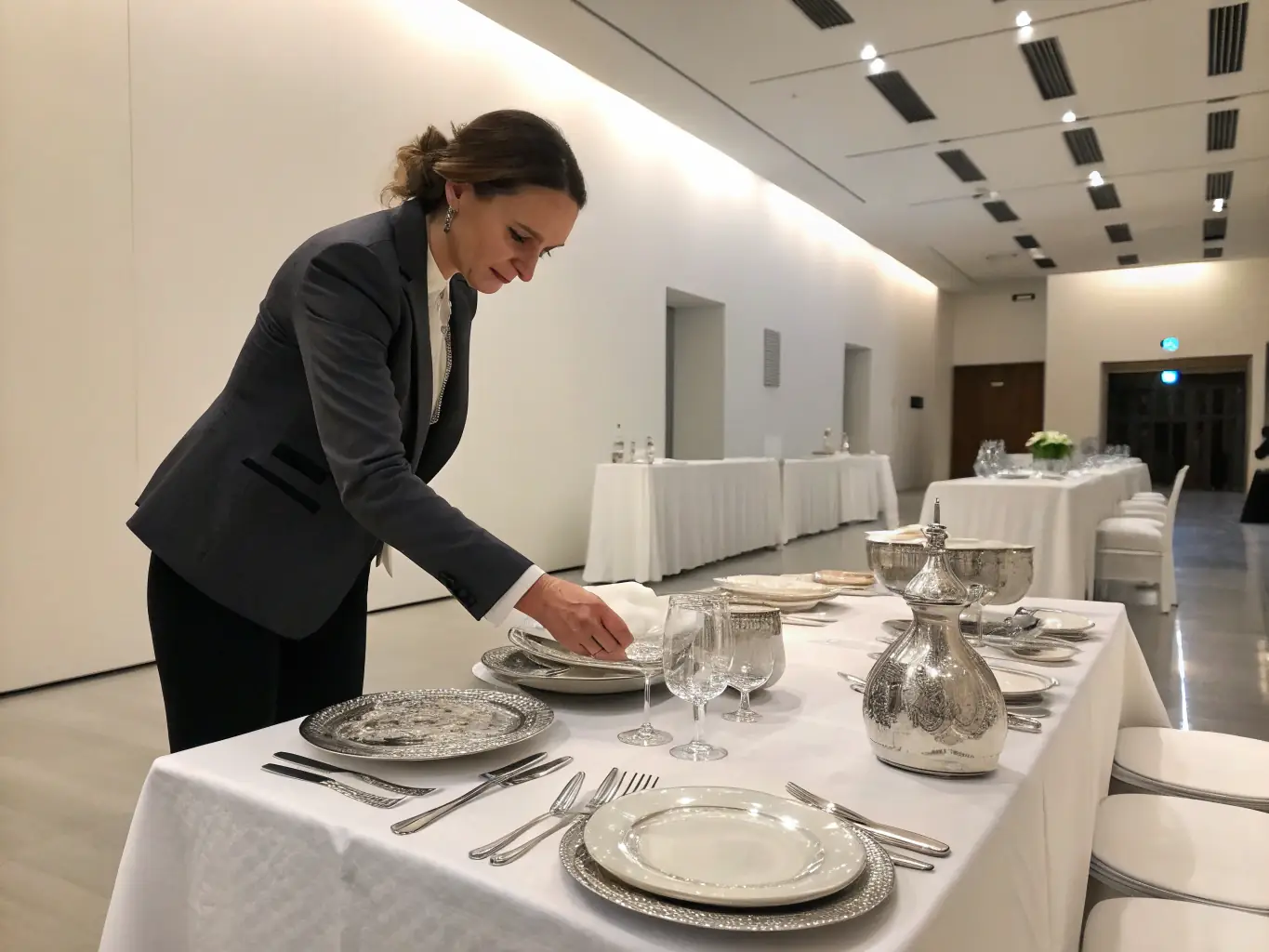 A Rentique staff member providing attentive on-site support, adjusting a table setting at an indoor gala, with guests mingling in the background, highlighting the brand’s commitment to exceptional customer service during events.