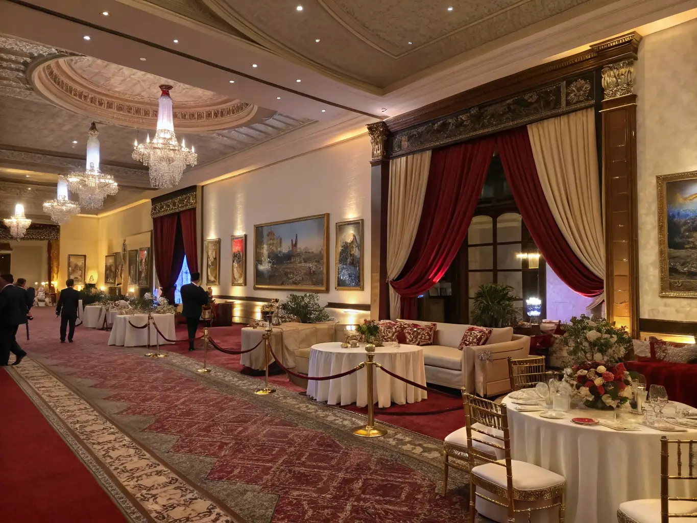 A beautifully styled indoor event space featuring Rentique’s premium lounge chairs, mirrored tables, and elegant sofas arranged under soft ambient lighting, capturing a sophisticated and inviting atmosphere for a high-end celebration.