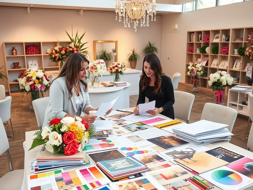 A close-up of a Rentique event specialist consulting with a client, reviewing floor plans and fabric swatches, surrounded by samples of luxury furniture, illustrating the personalized planning process for a bespoke indoor event.