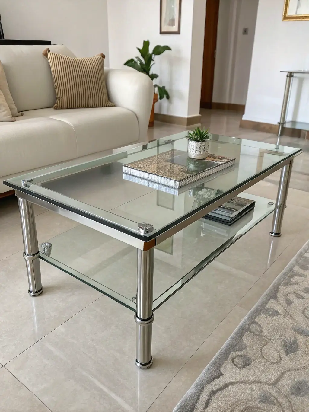 A mirrored coffee table with metallic trim, surrounded by designer lounge chairs on a neutral rug, styled for a contemporary corporate event or private celebration.