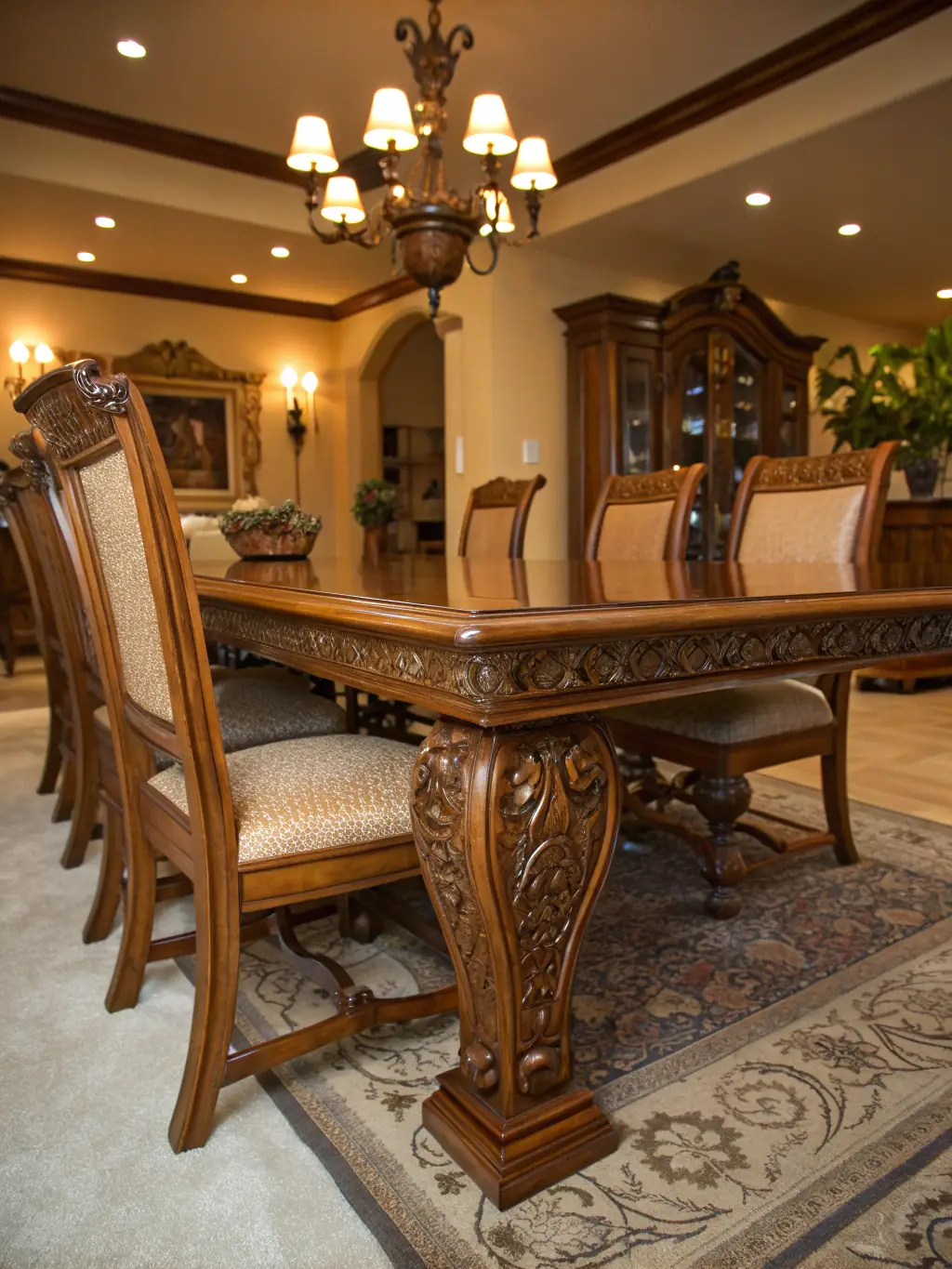 A beautifully arranged set of ivory and taupe upholstered indoor dining chairs around a polished wooden table, with soft natural lighting and elegant tableware, perfect for a luxury event setting.